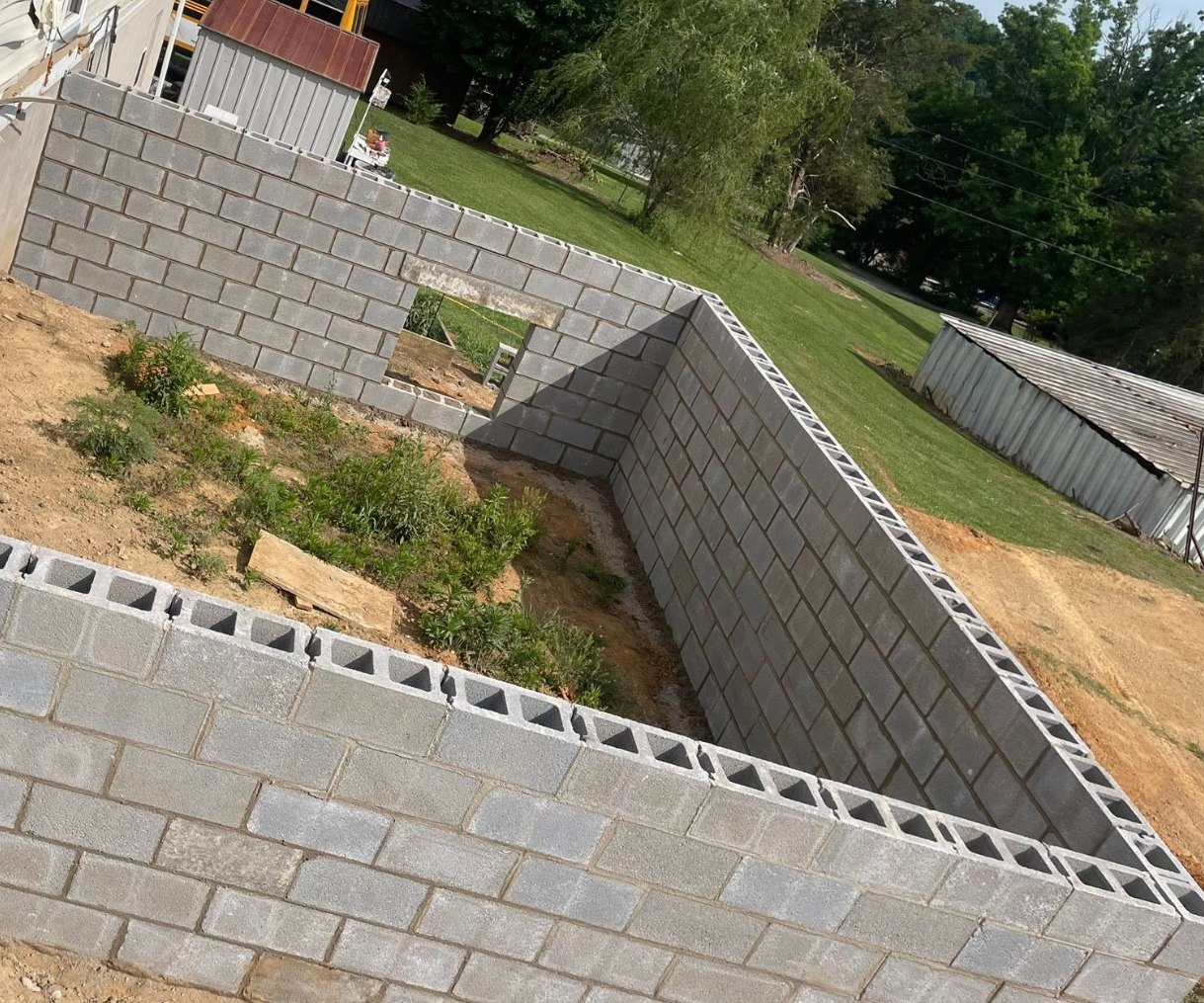 Block foundation walls on a sloping lot, seen from above